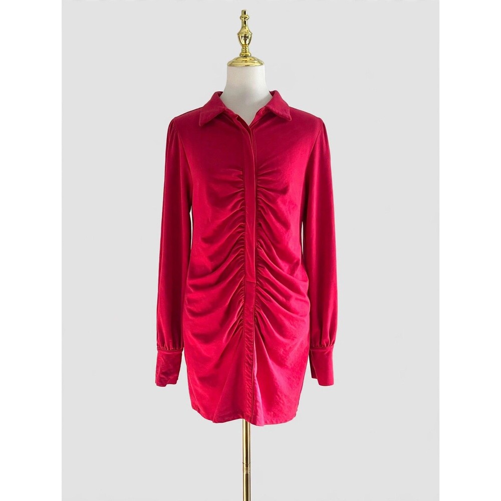 Sundays by We Are Sundays Red Ruched Long Sleeve Collared Mini Dress Womens sz M